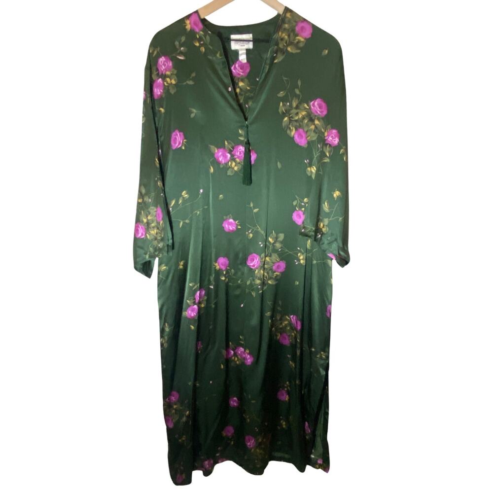 Lejaby Paris Vintage Dark Green Pink Floral Silk Kimono Kaftan House Dress Sz S